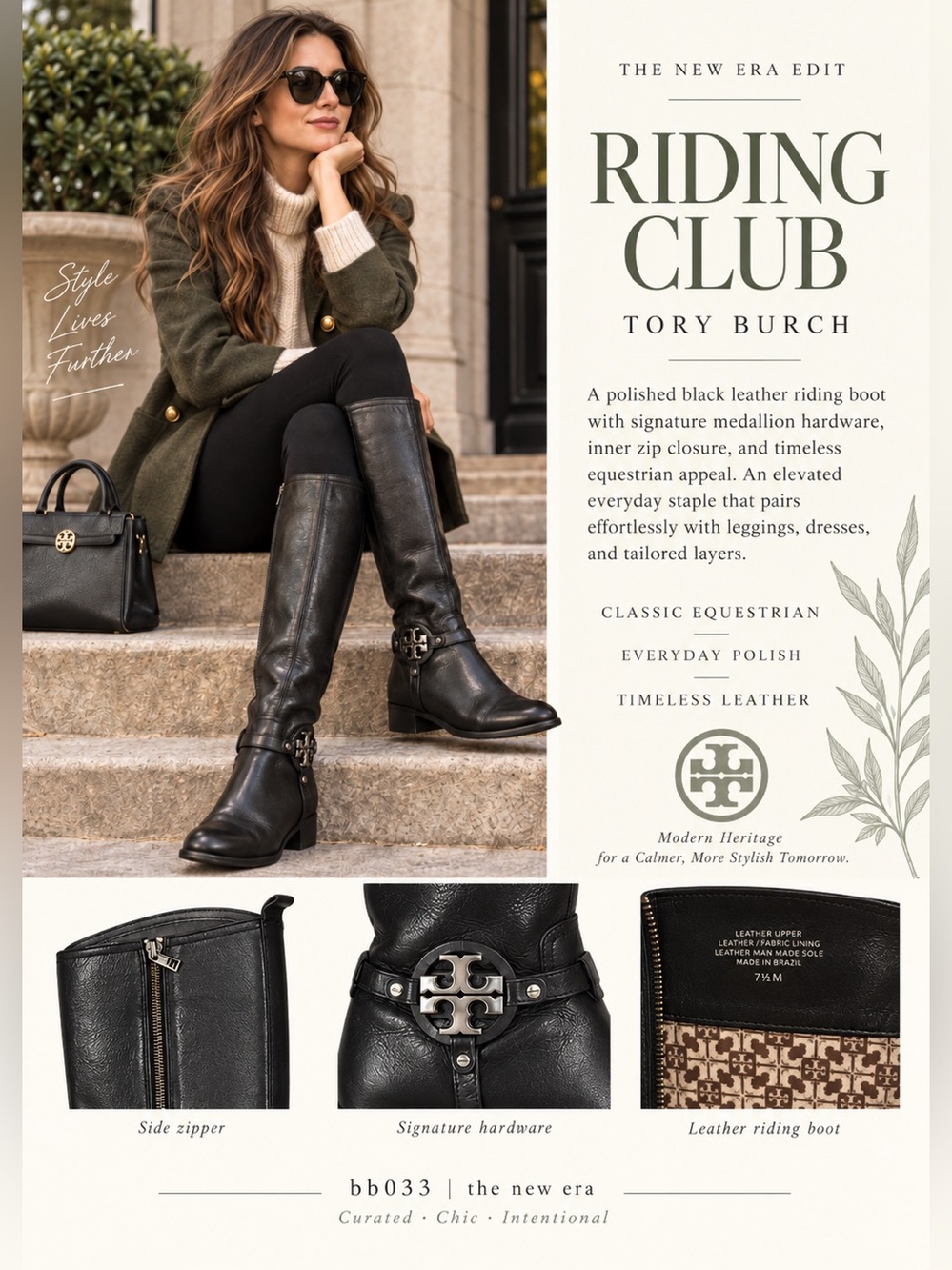 Tory Burch Black Leather Riding Boots Logo Medallion Knee High